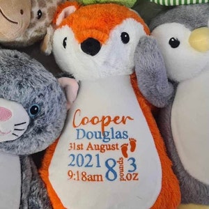 Personalised teddy bear embroidered with babies birth details makes a perfect newborn gift      Customised bear baby gift fox teddy