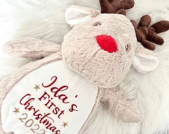 Personalised plush reindeer Christmas teddy bear embroidered with babies 1st chriatmas and 2022. Perfect keepsake for babies first Christmas