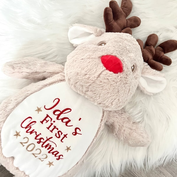 Personalised plush reindeer Christmas teddy bear embroidered with babies 1st chriatmas and 2022. Perfect keepsake for babies first Christmas