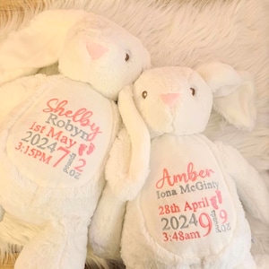 Personalised teddy bear embroidered with babies birth details makes a perfect newborn gift    Customised bear baby gift bunny teddy