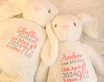 Personalised teddy bear embroidered with babies birth details makes a perfect newborn gift    Customised bear baby gift bunny teddy