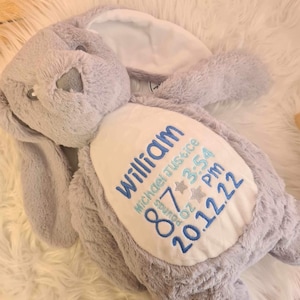 Personalised teddy bear embroidered with babies birth details makes a perfect newborn gift    Customised bear baby gift bunny teddy