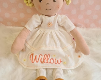 Personalised doll soft doll with embroidered name. Perfect for 1st birthday or new baby gift customised doll with name