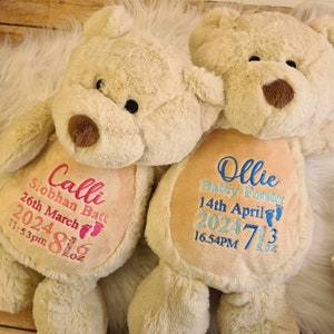 Personalised teddy bear embroidered with babies birth details makes a perfect newborn gift    Customised bear baby gift teddy bear