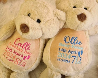 Personalised teddy bear embroidered with babies birth details makes a perfect newborn gift    Customised bear baby gift teddy bear