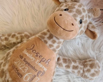 Personalised giraffe teddy bear embroidered with babies birth details newborn gift Customised bear baby gift embroidere teddy