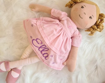 Personalised doll soft doll with embroidered name. Perfect for 1st birthday or new baby gift customised doll with name