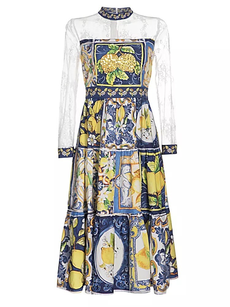 Women Long Sleeve Lemon Print Dress 