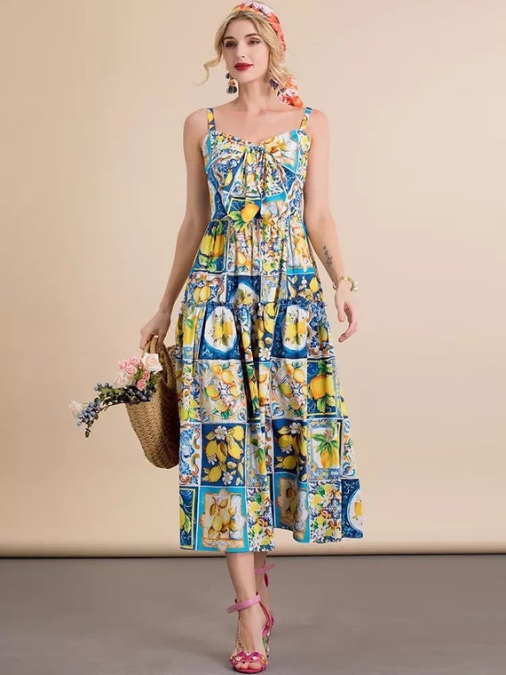 Women Lemon Print Summer Dress | Etsy
