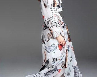 Women long sleeve dress cats print