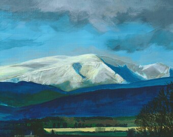 095. Ben Wyvis and the hills of Easter Ross from Hilton,  by Tain. An original acrylic painting by Archie MacArthur. 10"x7"