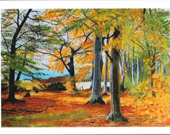 C057. Calrossie woods Autumn 23. A5 greetings card from painting by Archie MacArthur