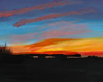 087. Dunnet Head sunset. An original acrylic painting by Archie MacArthur 10”x7”