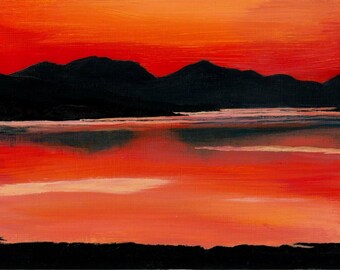 061. Loch Shin Sunset Painting, Ben More Assynt, Original Acrylic Art (10x7)
