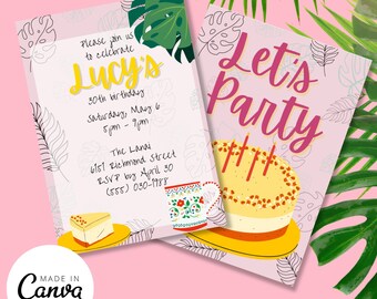 On the Lanai Customizable Birthday Invitations Canva Template Printable Tropical Pink Cheesecake Coffee Invite