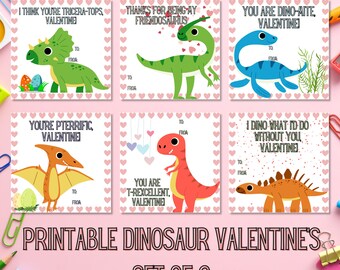 Dinosaur Kids Classroom Valentine's Day Cards Printable Instant Download