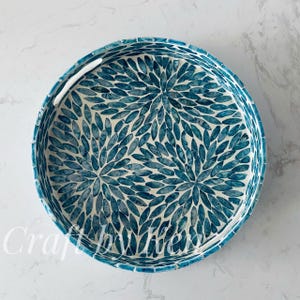 Luxurious Mother of Pearl Inlay Tray – Handmade Decorative Serving Tray for Home Decor (Round-Blue Flower)