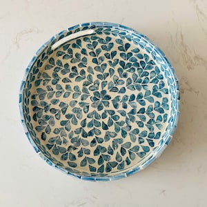 Luxurious Mother of Pearl Inlay Tray – Handmade Decorative Serving Tray for Home Decor (Round-Blue Leaf)