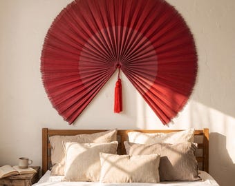 Large Red Bamboo Wall Fan, Boho Wall Art Decor, Over The Bed Decor, Asian Folding Fan Wall Hanging, Woven Oriental Bohemian Headboard