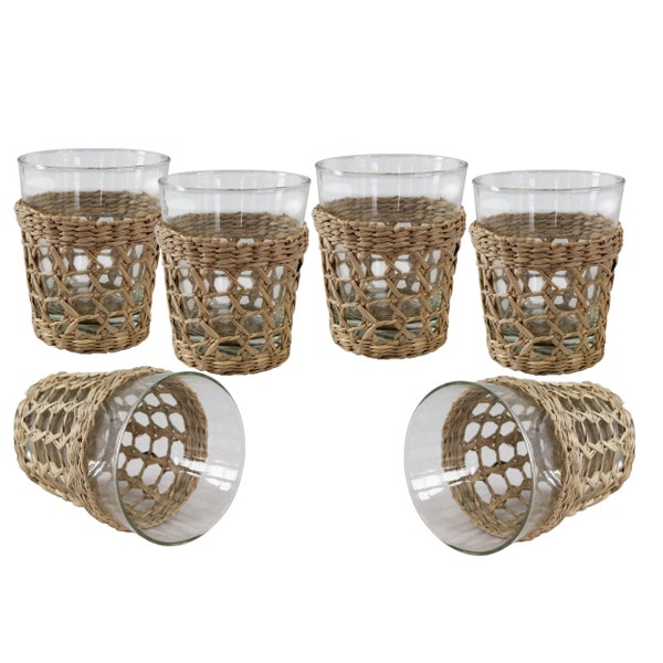 Seagrass Shortball Glasses, Woven Cup Holder Heat Resistant Hand Woven Hot Cup Sleeve Glass Cup Wrap Sleeve Protective Heat Insulation Drink