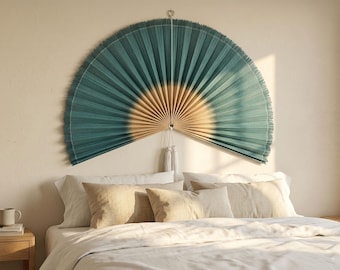 Teal Bamboo Wall Fan, Boho Headboard Decor, Gradient Half Circle Fan with Tassel, Asian Woven Wall Art, Giant Folding Fan, Housewarming Gift