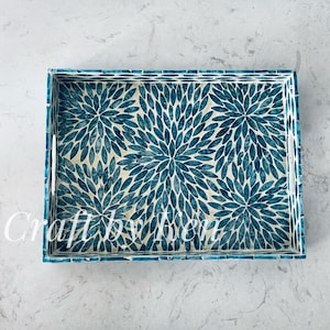 Luxurious Mother of Pearl Inlay Tray – Handmade Decorative Serving Tray for Home Decor (Rectangle-Blue Flower)