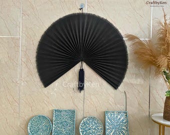 Large Bamboo Wall Fan Decor – Handwoven Vietnamese Folding Fan Wall Art – Boho Oriental Home Decor – Natural Bamboo Statement Piece (Black)
