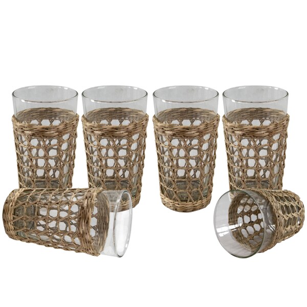 Seagrass Highball Glasses, Woven Seagrass Wrapped Glassware, Braided Weaving Seagrass Holder Christmas Holiday | New Year Gifts