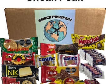 May include: A brown cardboard box filled with various snacks, including cookies, chocolate bars, and candy. The box is labeled "Snack Passport" and features a globe with an airplane flying over it. The snacks include brands like "Margarita", "Picaras", "Costa Nik", "Field", "Casino", and "Morochas".