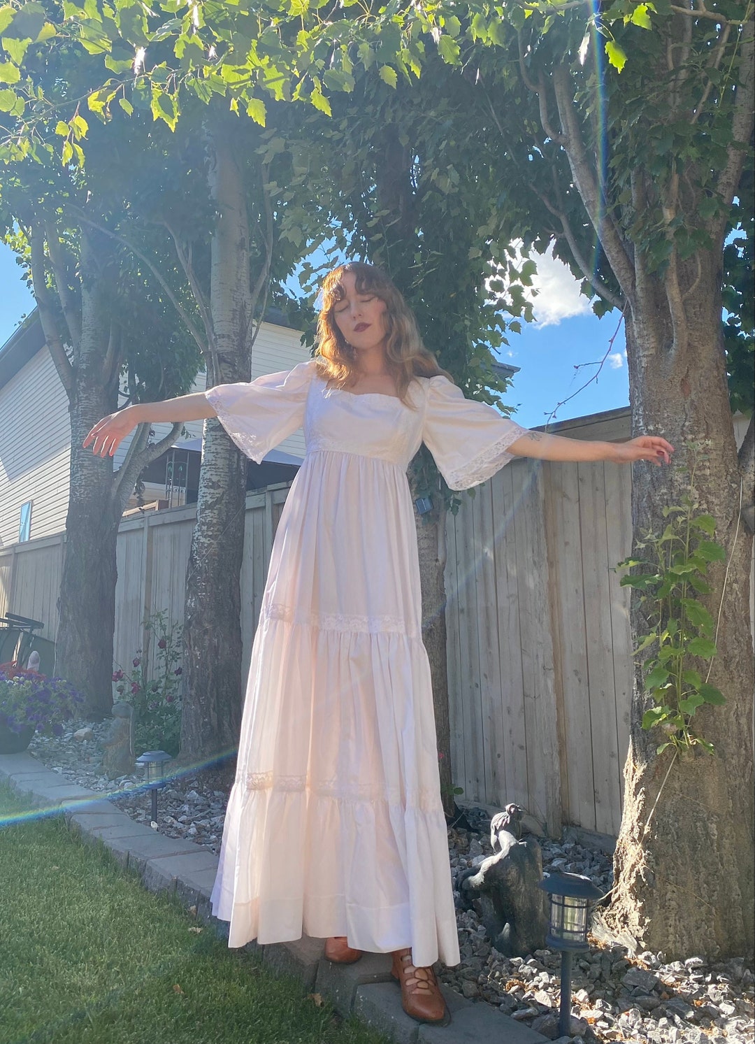 70s Vintage Angelic Laced Flutter Sleeve Ruffled White Dress Etsy