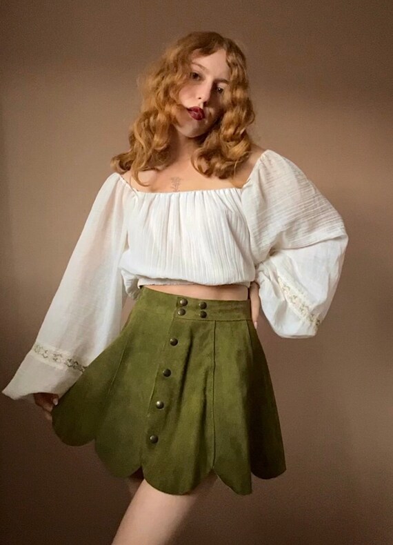 Vintage 60s / 70s Green Suede Mini Skirt Scalloped