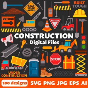 Digitala byggfiler, SVG PNG JPG, Clipart, Klippfiler, Cricut, Födelsedag, Trafik, Offentliga arbeten, Lastbilar, Bulldozer, Gaffeltruck, Grävmaskin