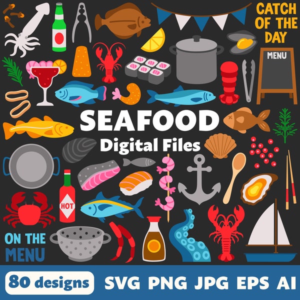 Seafood Digital Files, SVG PNG JPG, Clipart, Cut Files, Graphics, Cricut, Fish, Ocean, Nautical, Shellfish, Restaurant, Cajun, Crab Shack