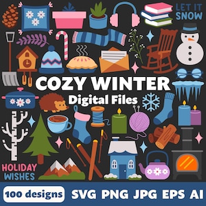 File digitali invernali accoglienti, SVG PNG JPG, Clipart, file tagliati, Cricut, Natale, festività, festoso, Hygge, rilassante, cura di sé, neve, pupazzo di neve