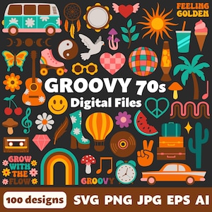 File digitali Groovy anni '70, SVG PNG JPG, Clipart, File tagliati, Stampabili, Cricut, Anni '70, Estetica, Decenni, Retro, Boho, Hippie, Pace, Disco
