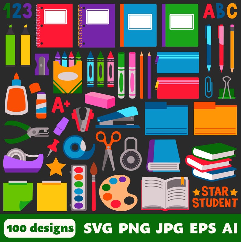 School Supplies Digital Files, SVG PNG JPG, Clipart, Cut Files, Icons ...