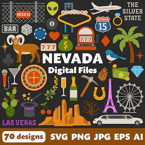 Fichiers numériques Nevada, SVG PNG JPG, cliparts, fichiers coupés, Cricut, Las Vegas, Casino, Reno, zone 51, jeux d'argent, Carson City, machine à sous, voyage