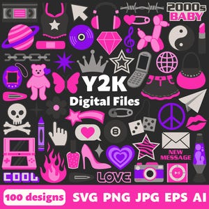 May include: A collection of 100 Y2K digital design elements in pink, purple, and black. The designs include a peace sign, a heart, a star, a crown, a cassette tape, a lava lamp, a boombox, a cell phone, a butterfly, a  '2000s Baby' graphic, and more.