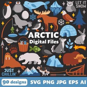Fichiers numériques Arctique, SVG PNG JPG, cliparts, fichiers coupés, hiver, pôle Nord, toundra, neige, glace, pingouin, ours polaire, morse, loup, igloo