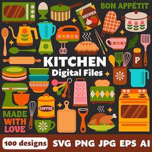 Kitchen Digital Files, SVG PNG JPG, Clipart, Cut Files, Cricut, Printable, Food, Culinary, Cooking, Chef, Gourmet, Bakery, Kitsch, Groovy