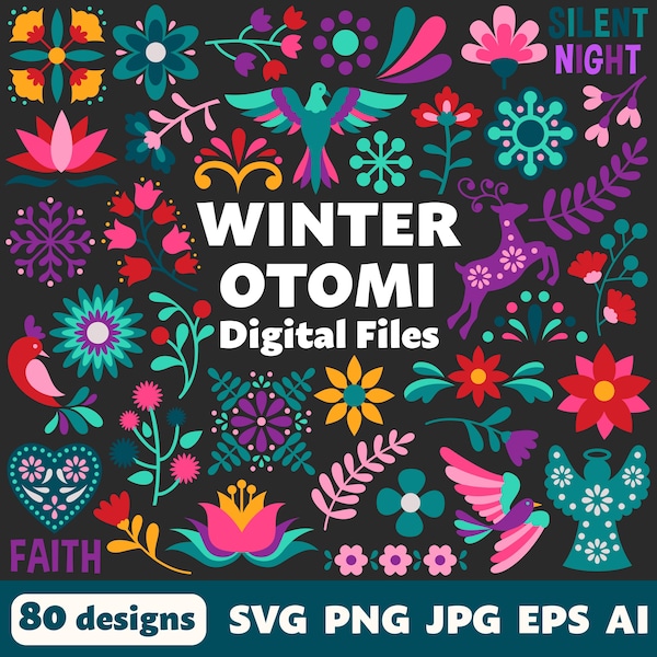 Archivos digitales otomíes de invierno, SVG, PNG, JPG, imágenes prediseñadas, archivos de corte, Cricut, imprimibles, mexicano, México, fiesta, Navidad, arte popular, flores