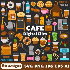 May include: A collection of 80 colorful digital illustrations of cafe and coffee shop items. The illustrations include coffee cups, donuts, pastries, coffee beans, a coffee grinder, a cafe menu, a cafe apron, and more. The text "CAFE Digital Files" is in the center of the image. The text "80 designs SVG PNG JPG EPS AI" is at the bottom of the image.