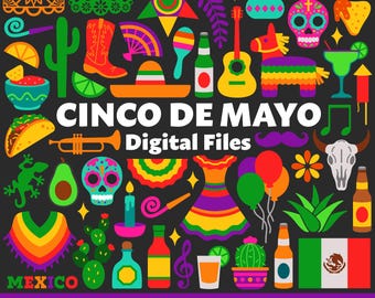 Cinco De Mayo Digital Files, SVG PNG JPG, Clipart, Cut Files, Icons, Cricut, Mexico, Otomi, Fiesta, Piñata, Margarita, Taco, Poncho, Cactus