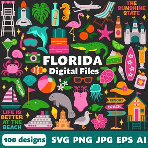 Florida Digitale Dateien, SVG PNG JPG, Clipart, Schnittdateien, bedruckbar, Cricut, Strand, Urlaub, Kreuzfahrt, Reise, Miami, Ornaments, Tampa, Key West