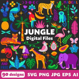 Jungle Digital Files, Clipart, Cut Files, Cricut, Printable, Illustrations, Tropical, Rainforest, Neon, Vibrant, Safari, Plants, Wildlife