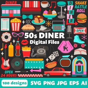 File digitali di Diner anni '50, SVG PNG JPG, Clipart, File tagliati, Cricut, Festa, Anni '50, Retro, Vintage, Jukebox, Metà secolo, Sock Hop, Rock & Roll