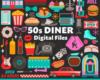 50s Diner Digital Files, SVG PNG JPG, Clipart, Cut Files, Cricut, Party, 1950s, Retro, Vintage, Jukebox, Mid Century, Sock Hop, Rock & Roll