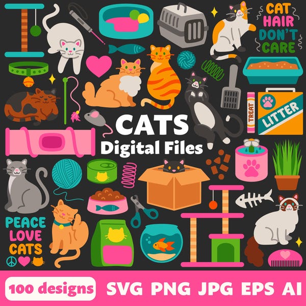 Cats Digital Files, SVG PNG JPG, Clipart, Cut Files, Icons, Cricut, Kittens, Cat Rescue, Animal Adoption, Pets, Treats, Cat Tree, Litter Box