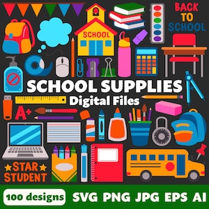 School Supplies Digital Files, SVG PNG JPG, Clipart, Cut Files, Icons, Graphics, Cricut, Education, Teacher, Bus, Classroom, Stationary