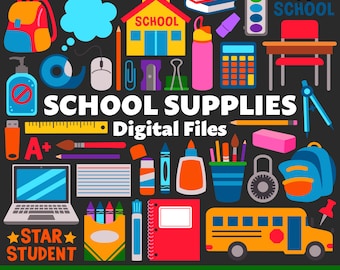 Archivos digitales de útiles escolares, SVG, PNG y JPG, imágenes prediseñadas, archivos de corte, iconos, gráficos, Cricut, educación, profesor, autobús, aula, papelería